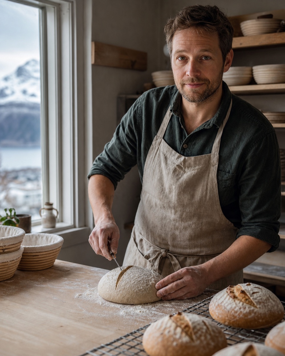 En baker skjærer snitt i en brøddeig før steking