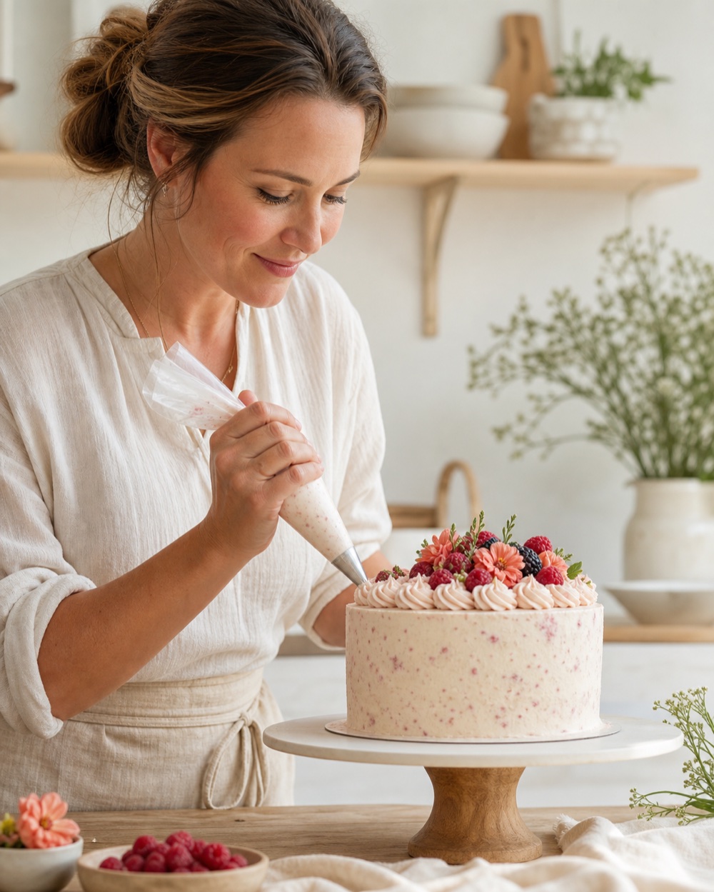 En baker dekorerer en kake med krem, bær og blomster