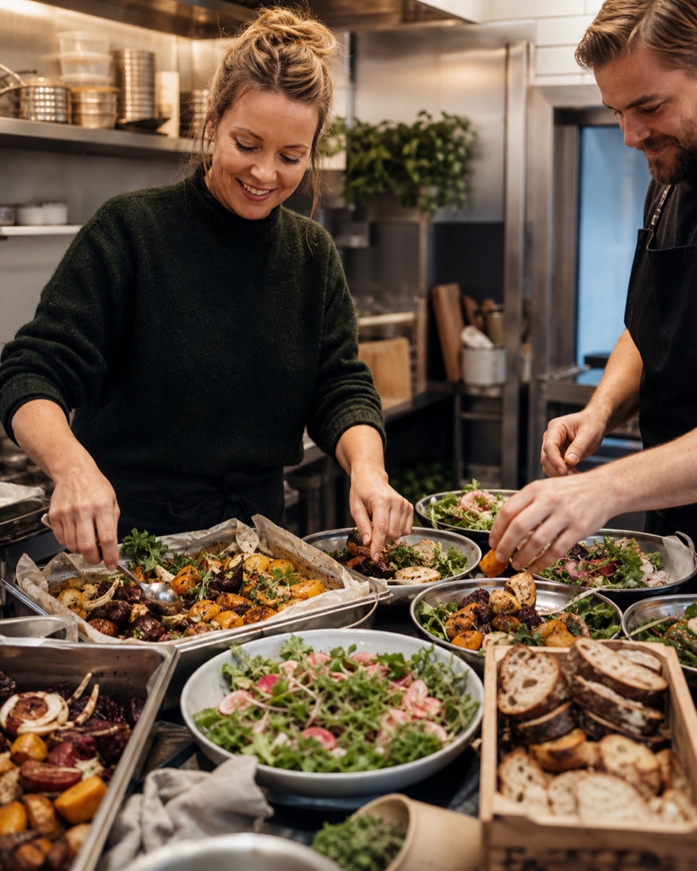 To kokker anretter salater og varme retter til et selskap