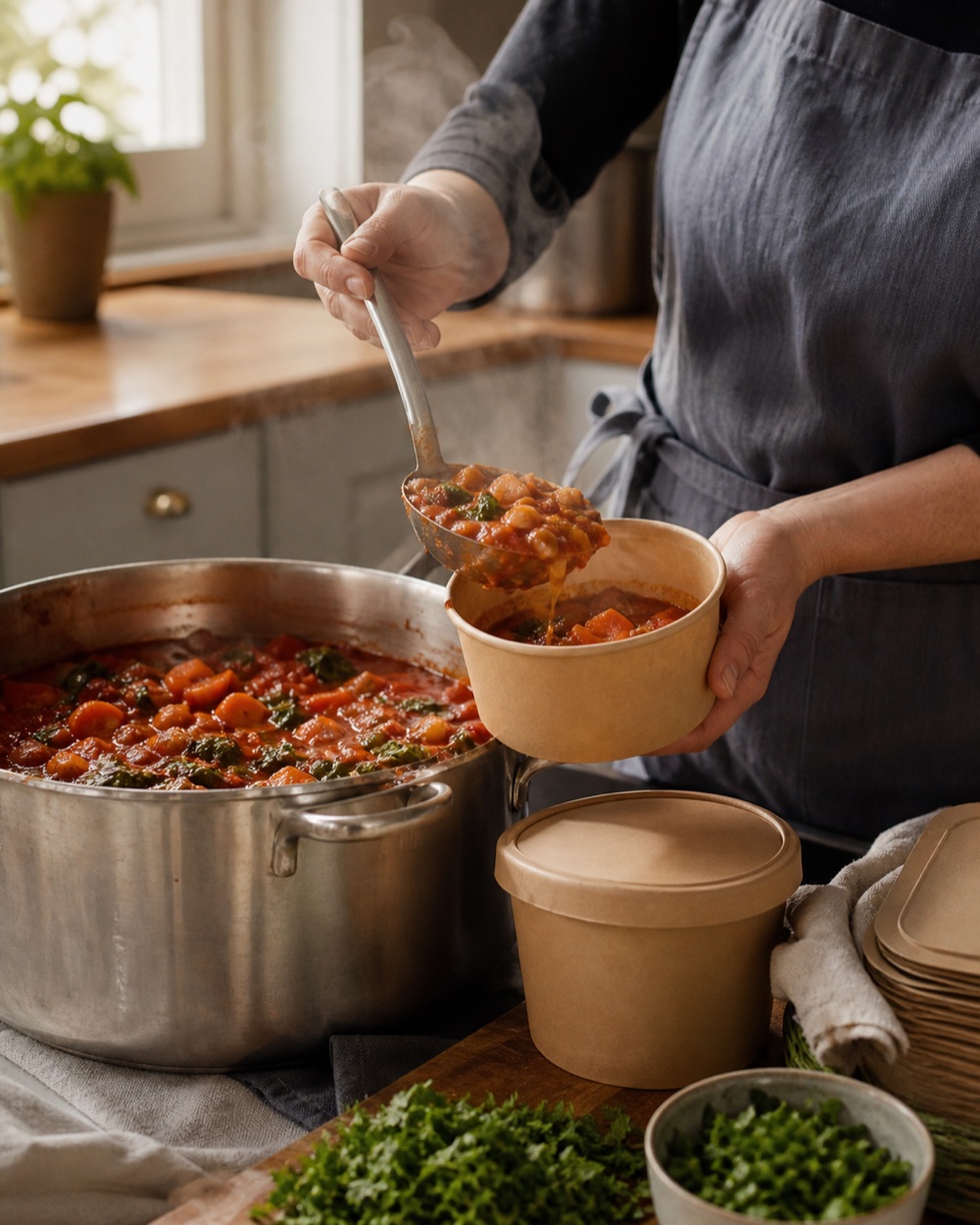 En matlager fyller en varm grønnsaksgryte i en takeawayboks