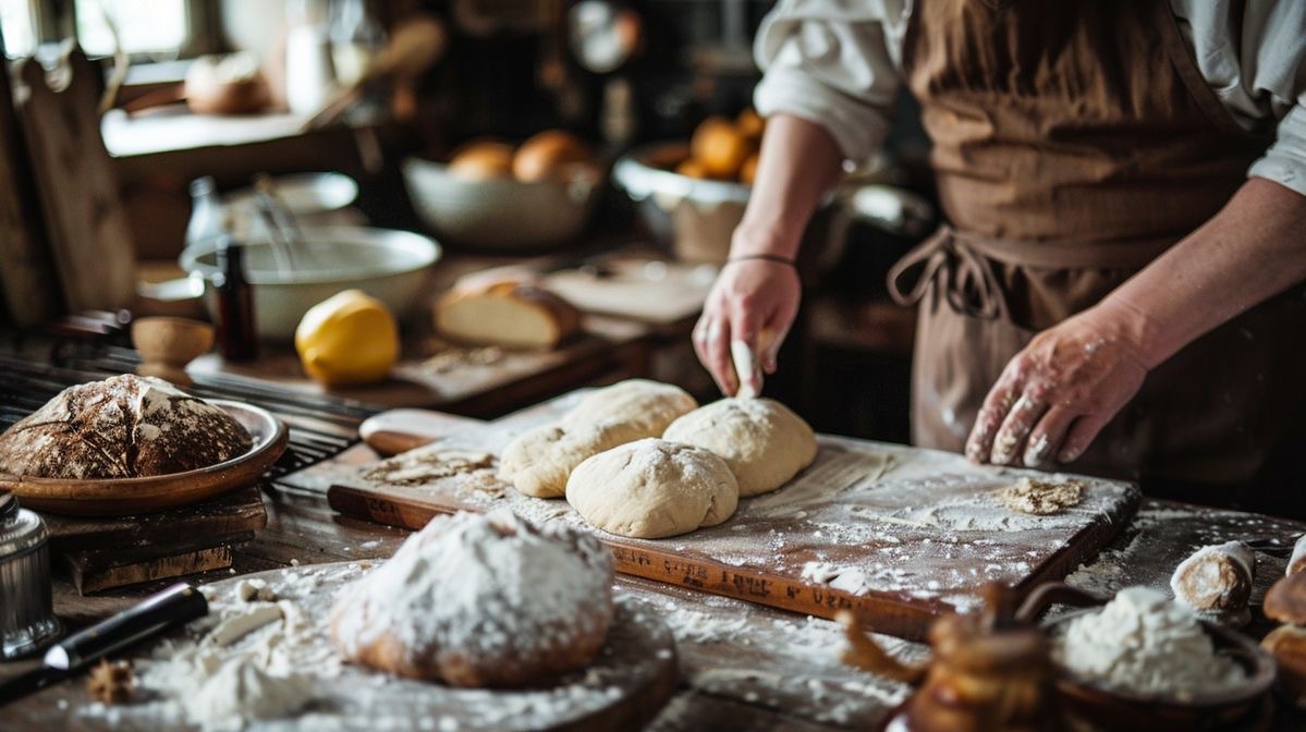 Baker som former brøddeig på et arbeidsbord