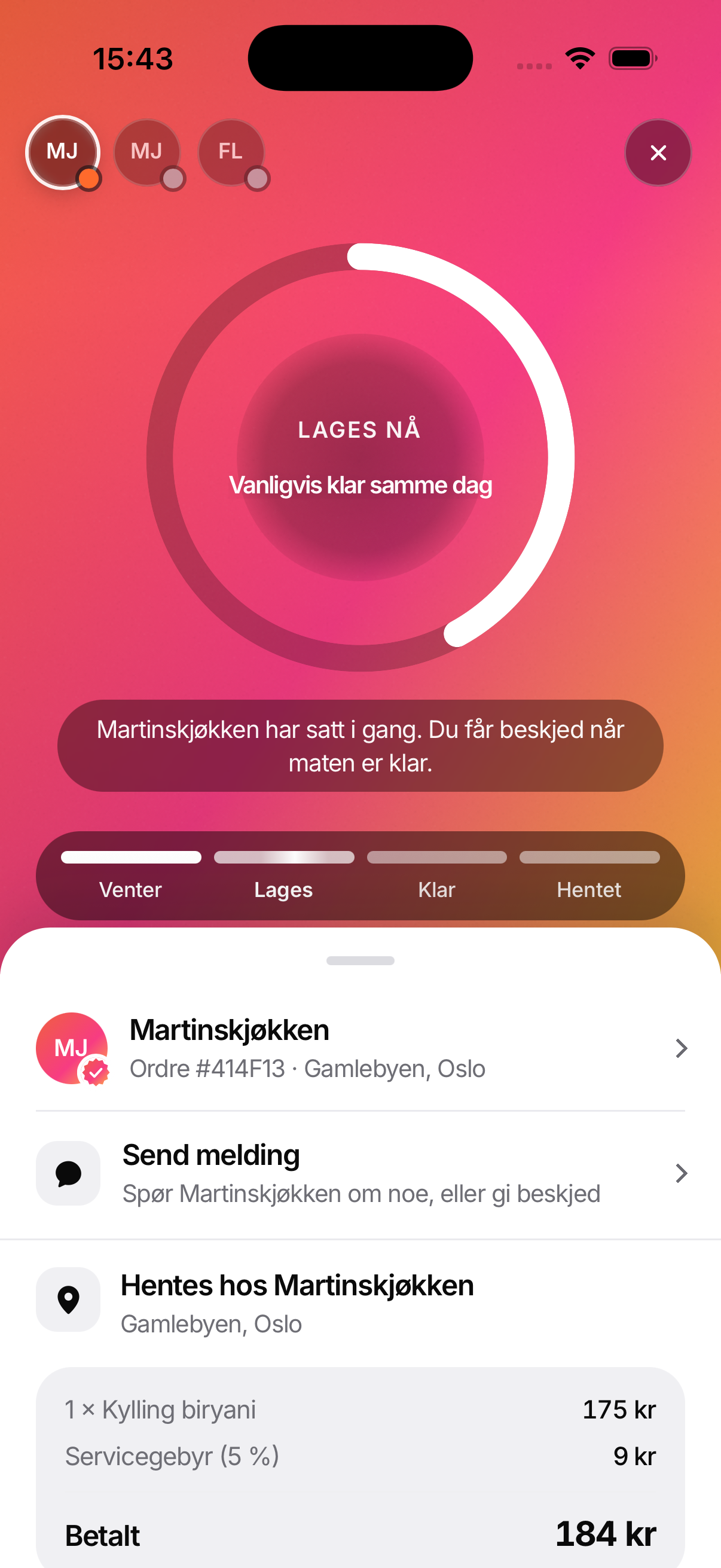 Bestillingen er godtatt og maten lages nå i Mama’s-appen