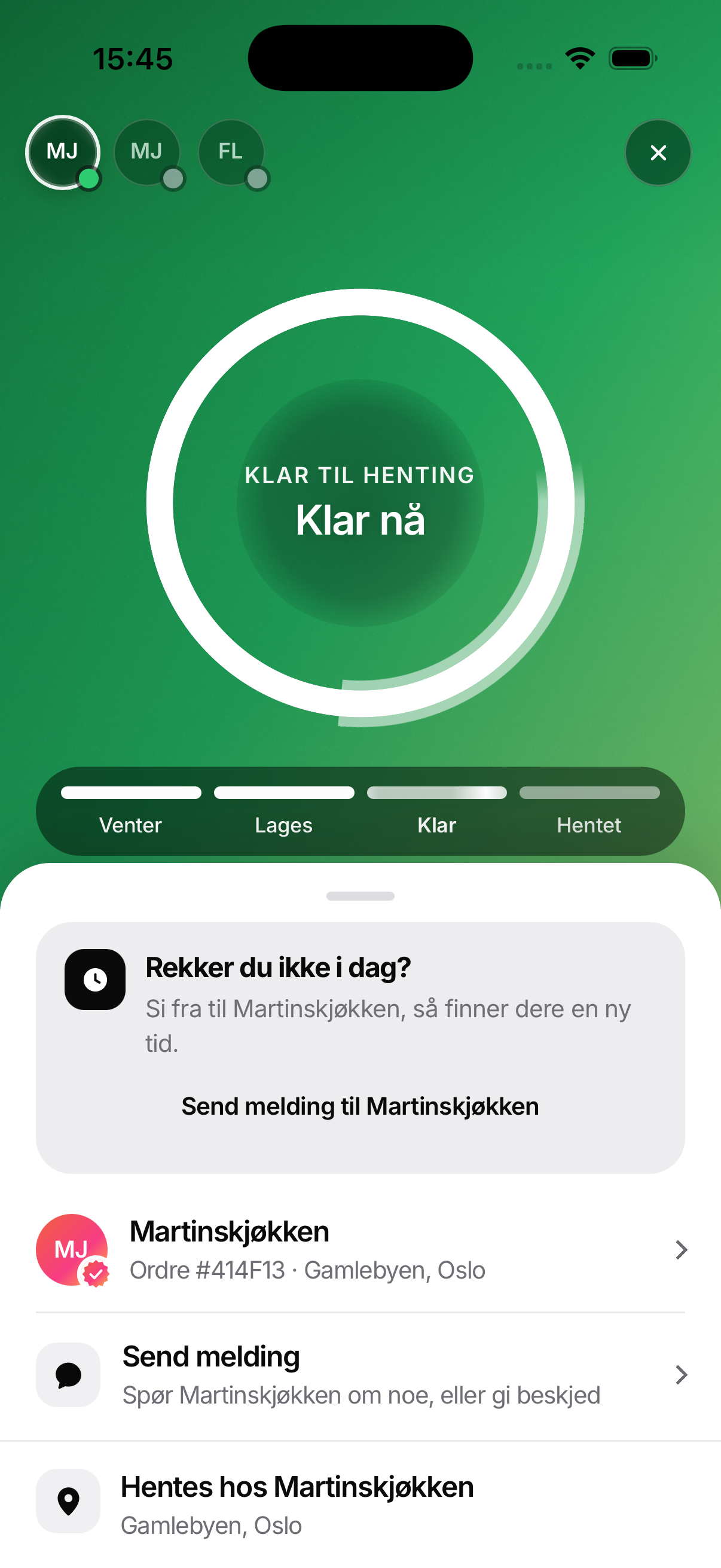 Bestillingen er klar til henting i Mama’s-appen