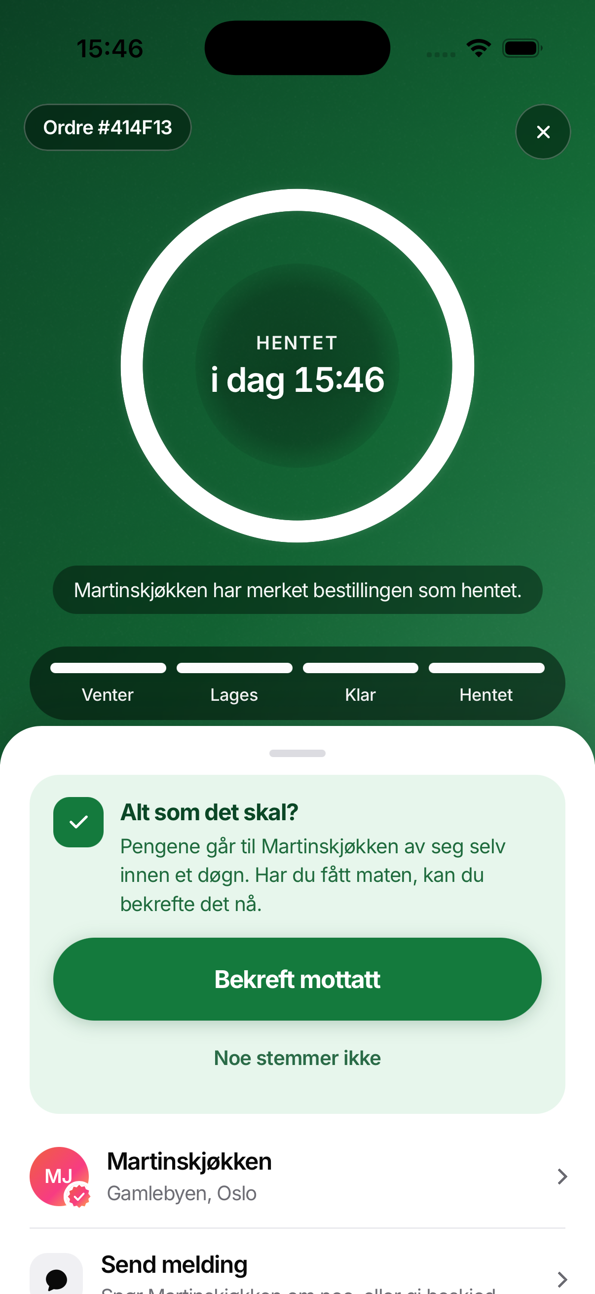 Bestillingen er markert som hentet i Mama’s-appen