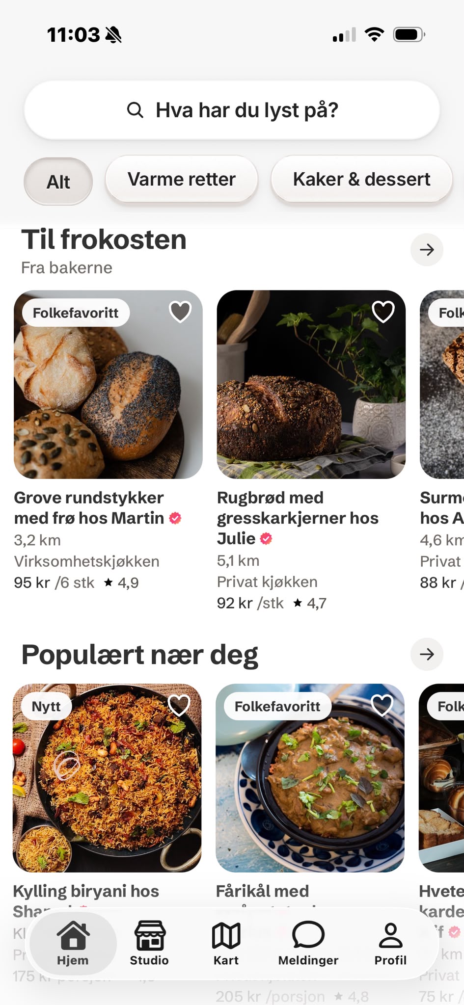 Hjemskjermen med frokost, populære retter og lokale kjøkken