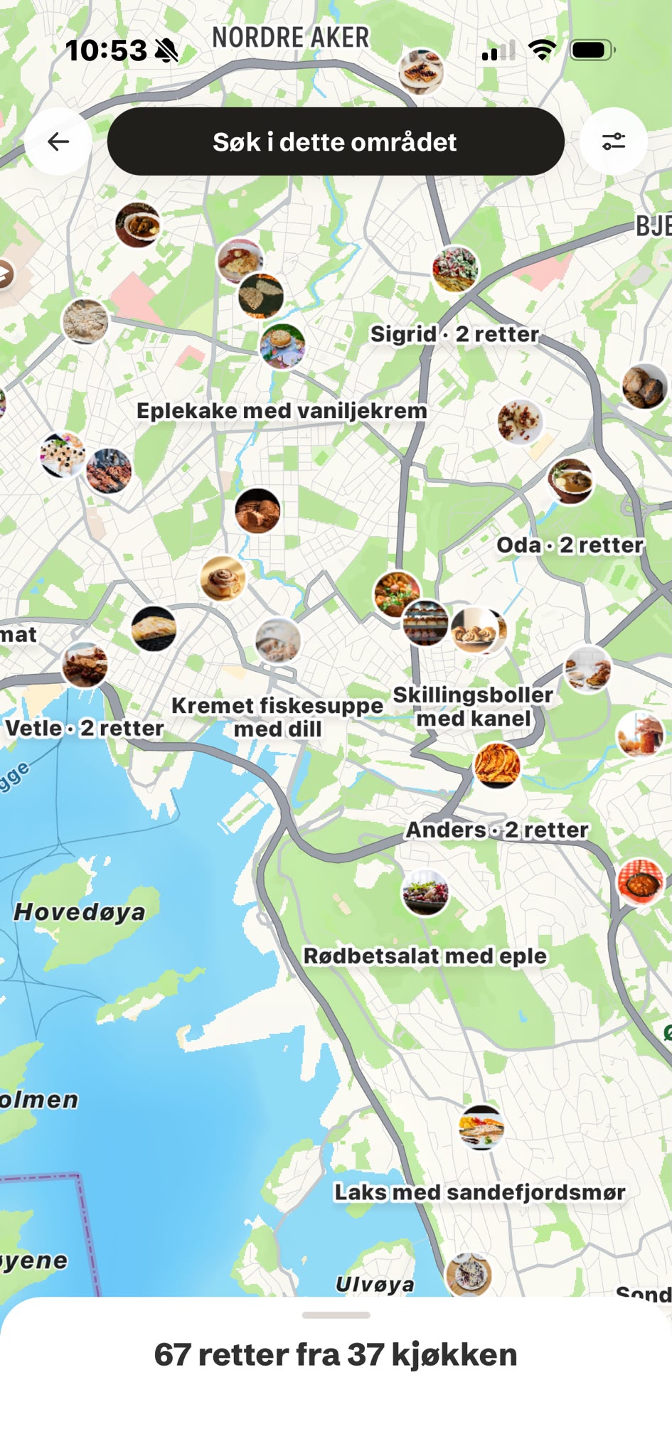 Kartet i Mama’s-appen med retter og kjøkken i Oslo