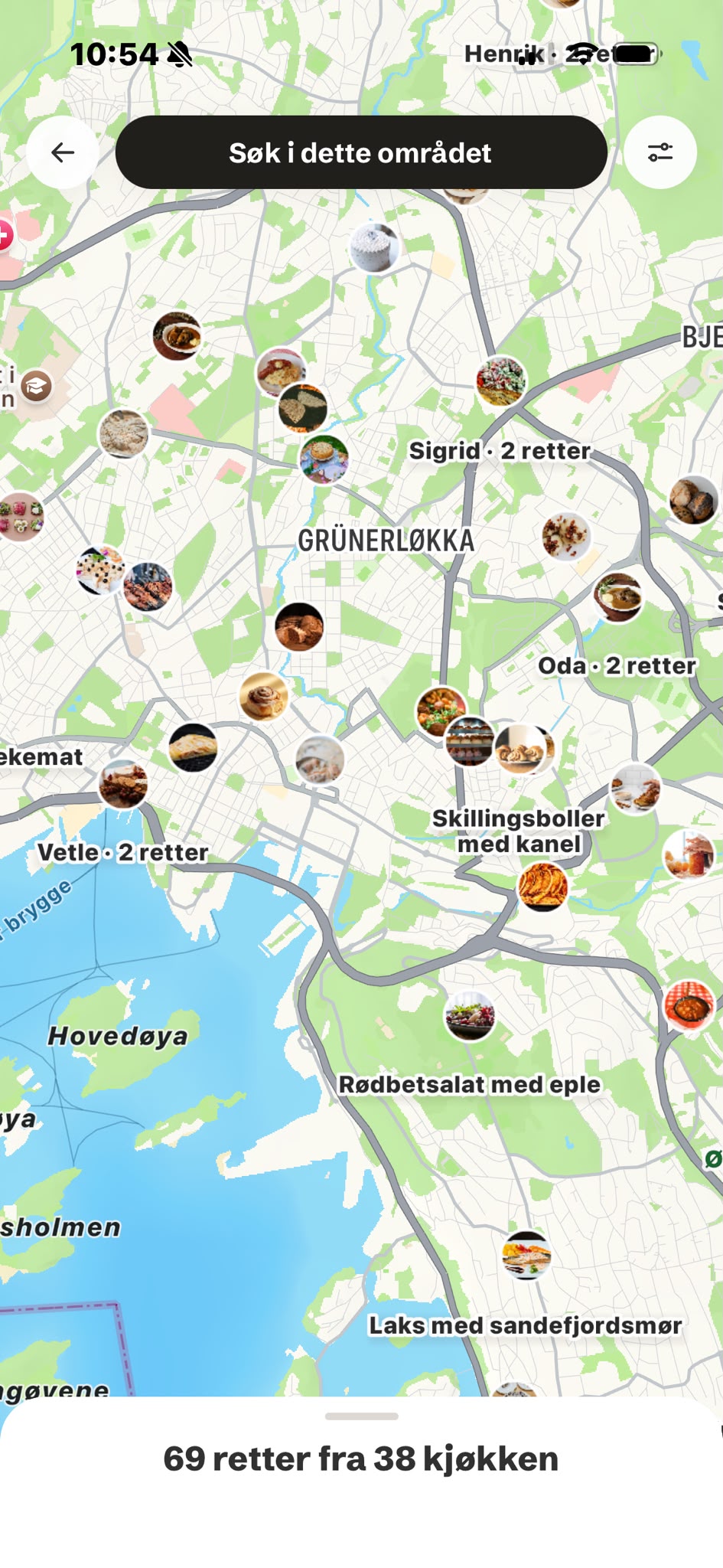 Kartoversikt i Mama’s-appen med retter og kjøkken i Oslo