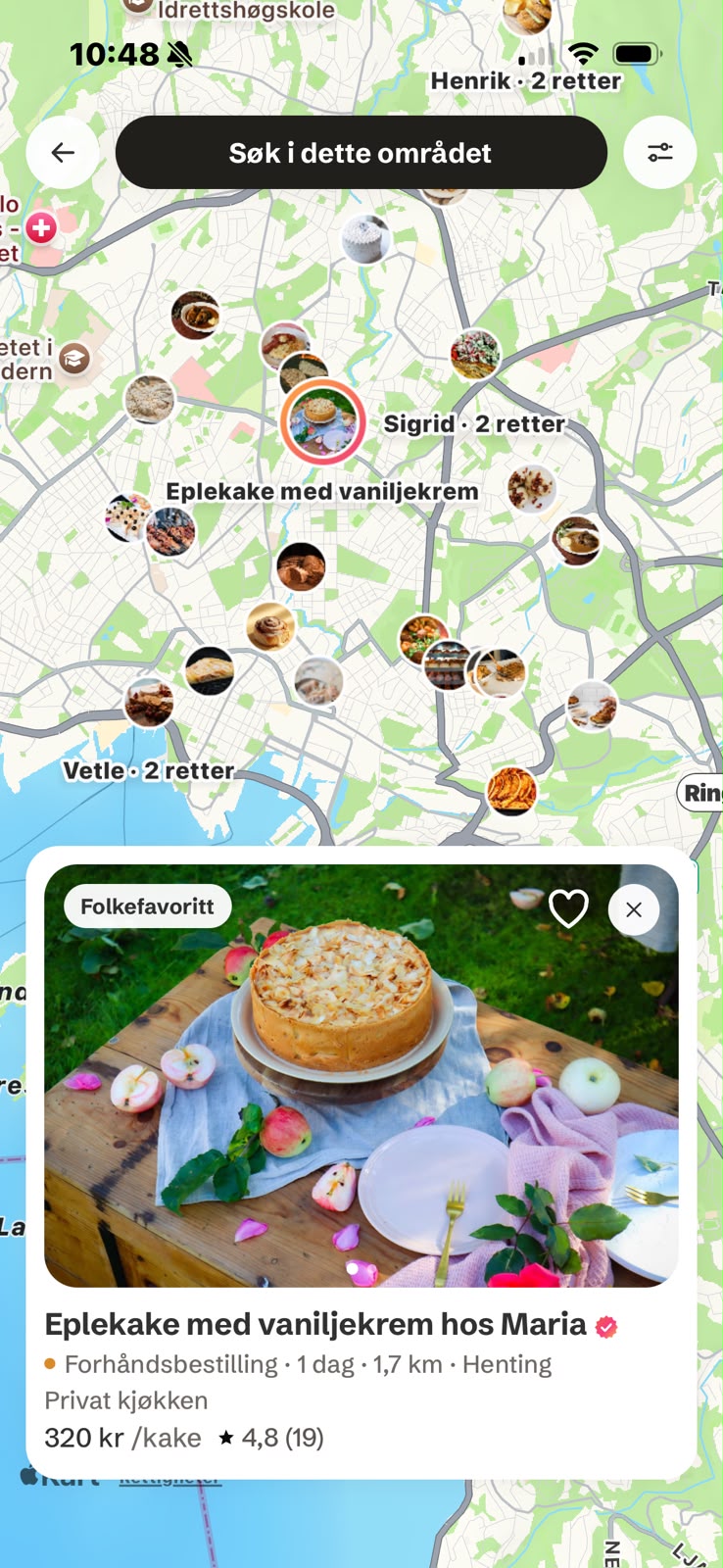 En valgt rett fra en selger vises direkte på kartet i Mama’s-appen
