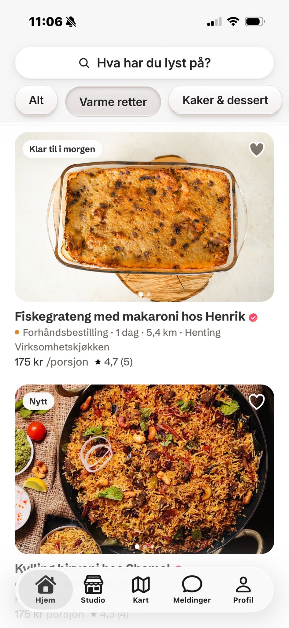 Hjemskjermen i Mama’s-appen med søk, kategorier og lokale retter
